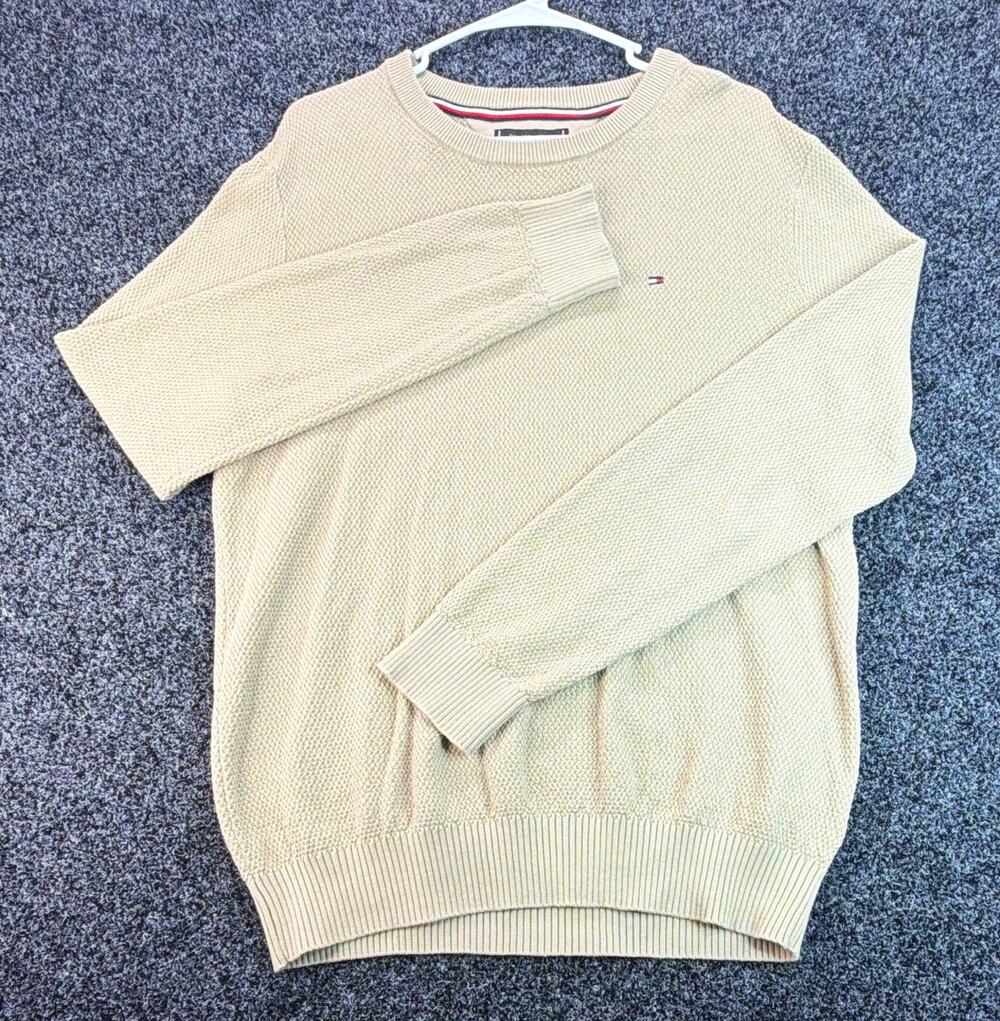 Tommy Hilfiger Mens L Beige Crew Neck Cotton Knit Pullover Sweater Logo